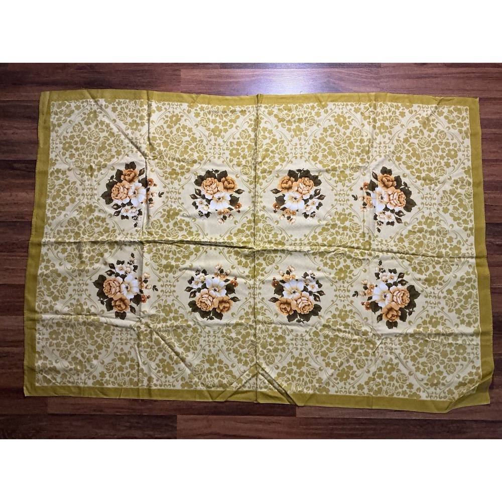 Vtg Tablecloth Floral Olive And White W/Orange Flowers 55in X 37in Oblong